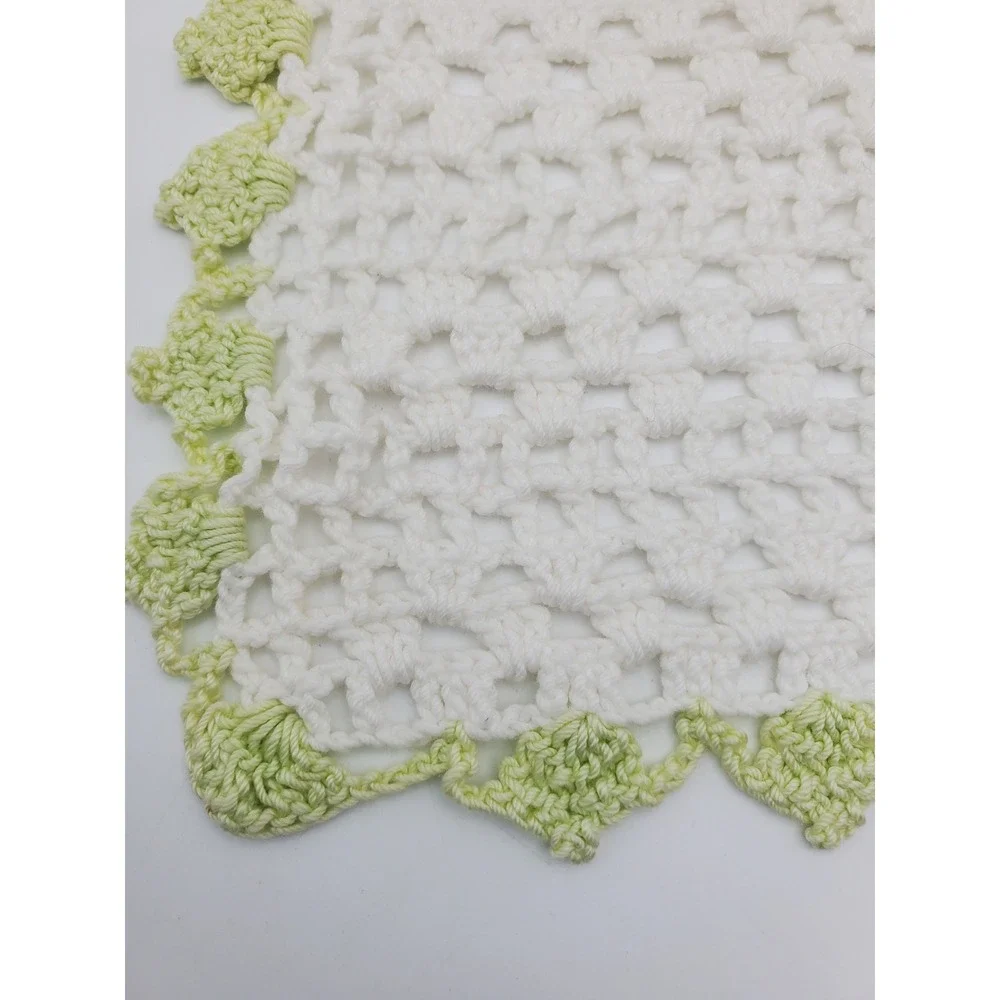 Vintage Crocheted 8x9 Doily with Green Scalloped Border